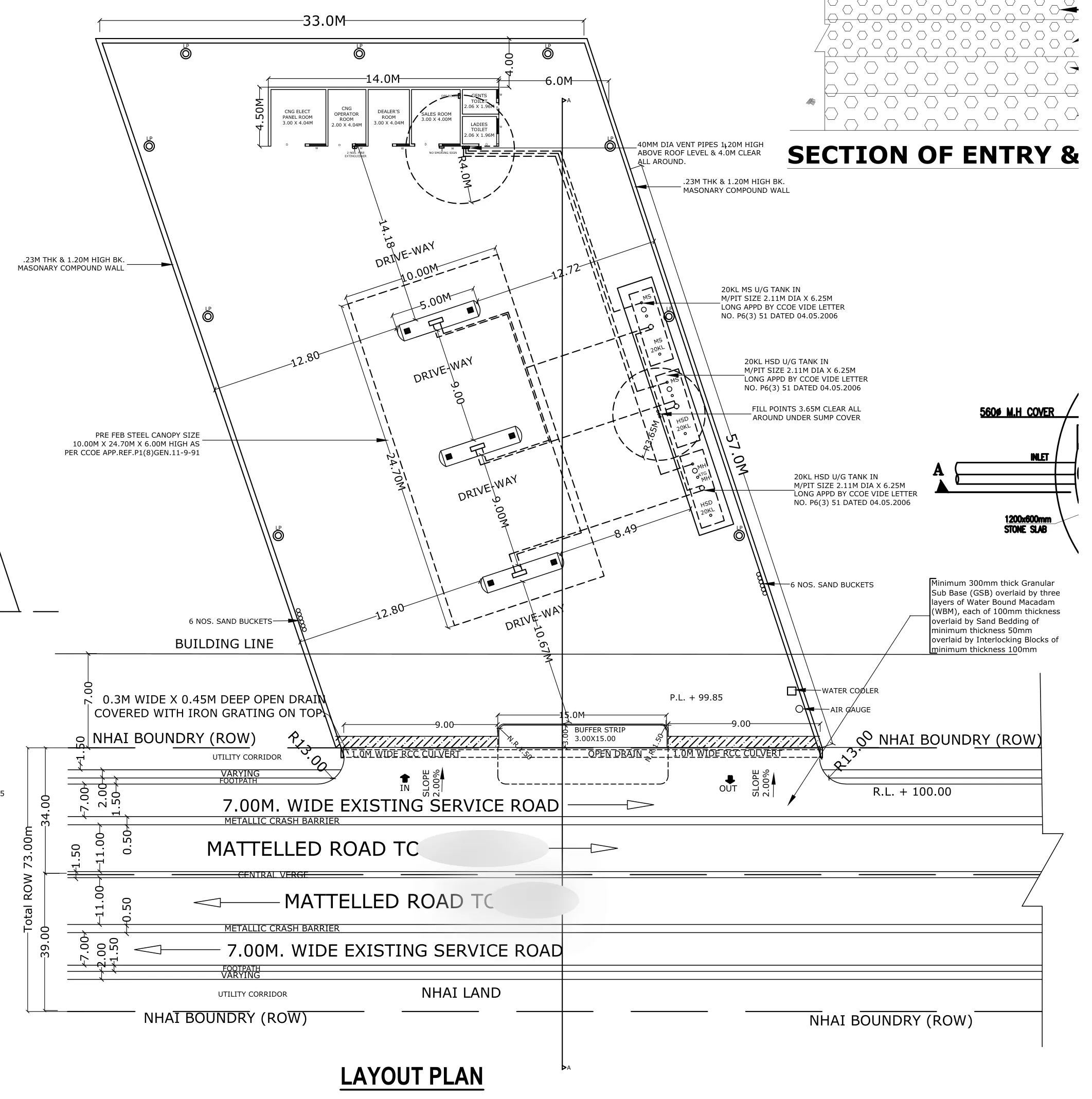 NHAI access permission layout plan drawing for a petrol pump retail outlet along a National Highway