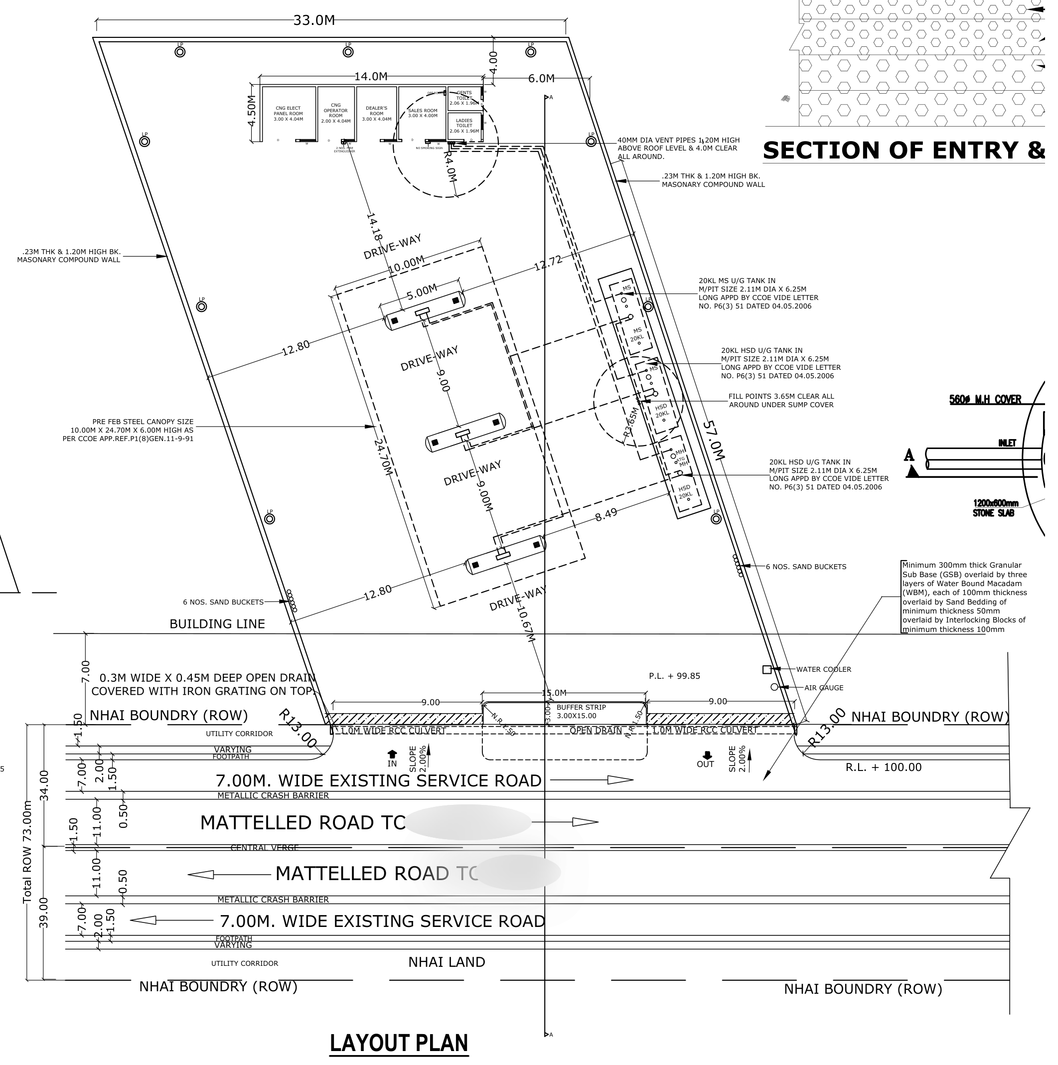 NHAI access permission layout plan drawing for a petrol pump retail outlet along a National Highway